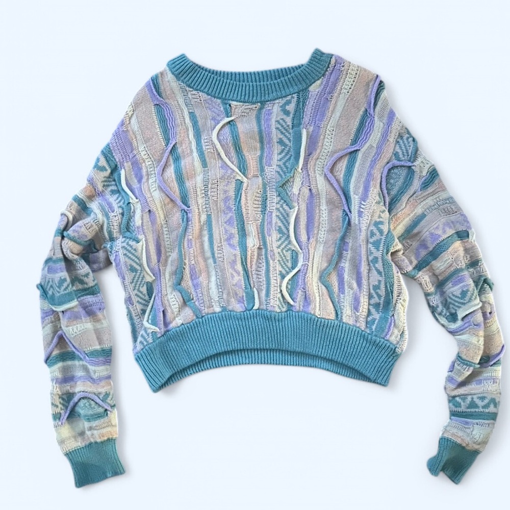 Blue and Purple Crew Neck Sweater with Abstract Pattern